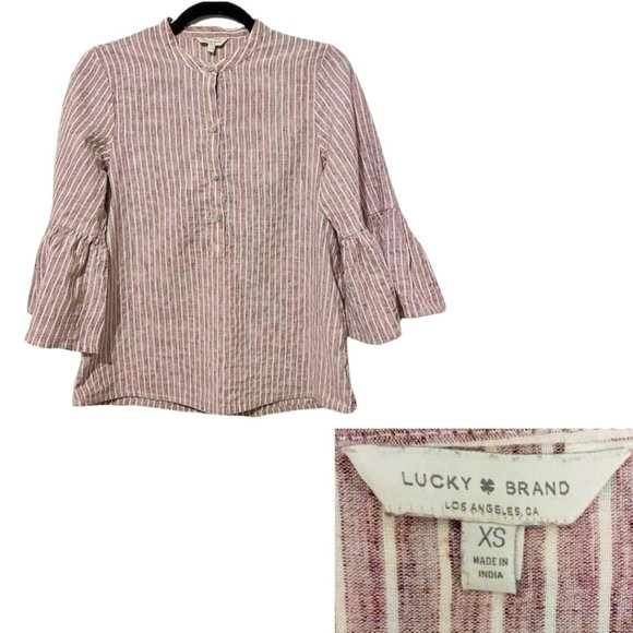 Lucky Brand Thin Stripe Bell Sleeve Boho Top With Button Neckline - XS - Picture 1 of 15